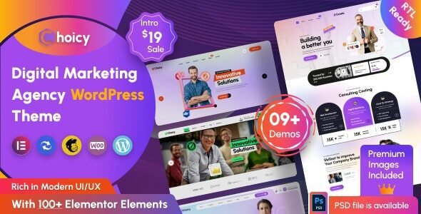 Choicy Nulled is a beautifully handcrafted, pixel perfect Digital Marketing Agency WordPress Theme based on Elementor Page Builder & designed with great attention to details, flexibility and performance.