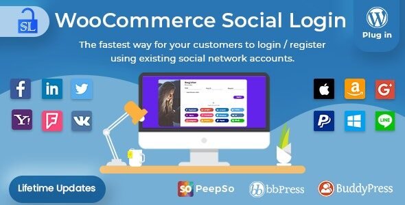 WordPress Social Login Nulled extension allows users to login and checkout with social networks such as Facebook, Twitter, Google, Yahoo, LinkedIn, Foursquare, Windows Live, VKontakte (VK.com), Instagram, PayPal, Amazon.