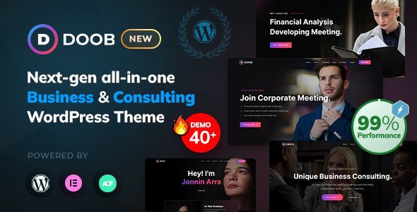 Doob is designed for Business, Corporate, Finance, Travel Agencies, Corporate businesses, SEO Agencies, Personal portfolios, Freelancers, Collaborate, Applications, Sass Landing, and various kinds of consulting services. It comes with Elementor drag & drop page builder and 40 home variations.